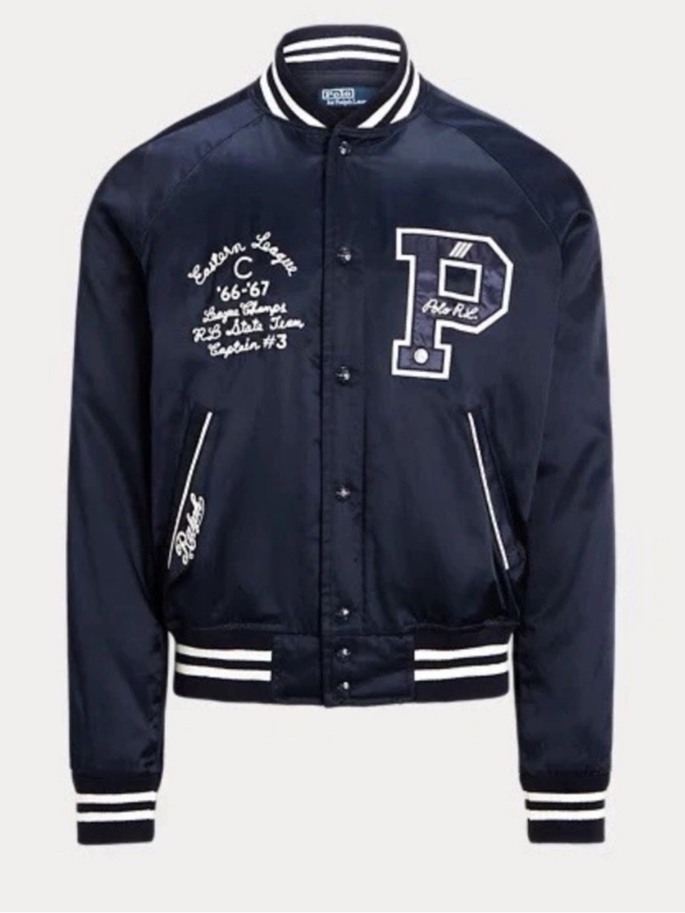 Polo Ralph Lauren Men's Satin Letterman Varsity Jacket Aviator Navy Size Large